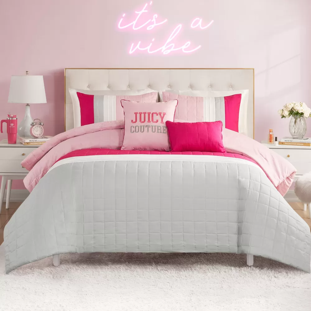 Comforter Sets-Juicy Couture Color Blocked Pieced Comforter Set Pink/White/Grey