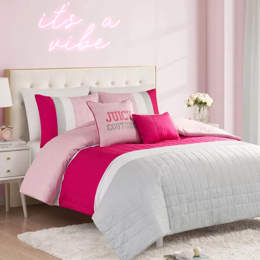 Comforter Sets-Juicy Couture Color Blocked Pieced Comforter Set Pink/White/Grey