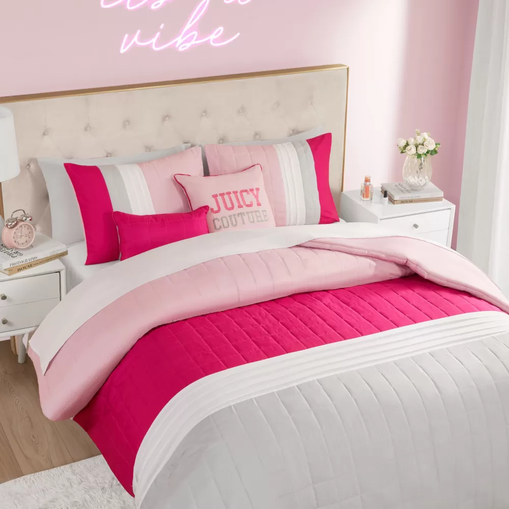 Comforter Sets-Juicy Couture Color Blocked Pieced Comforter Set Pink/White/Grey