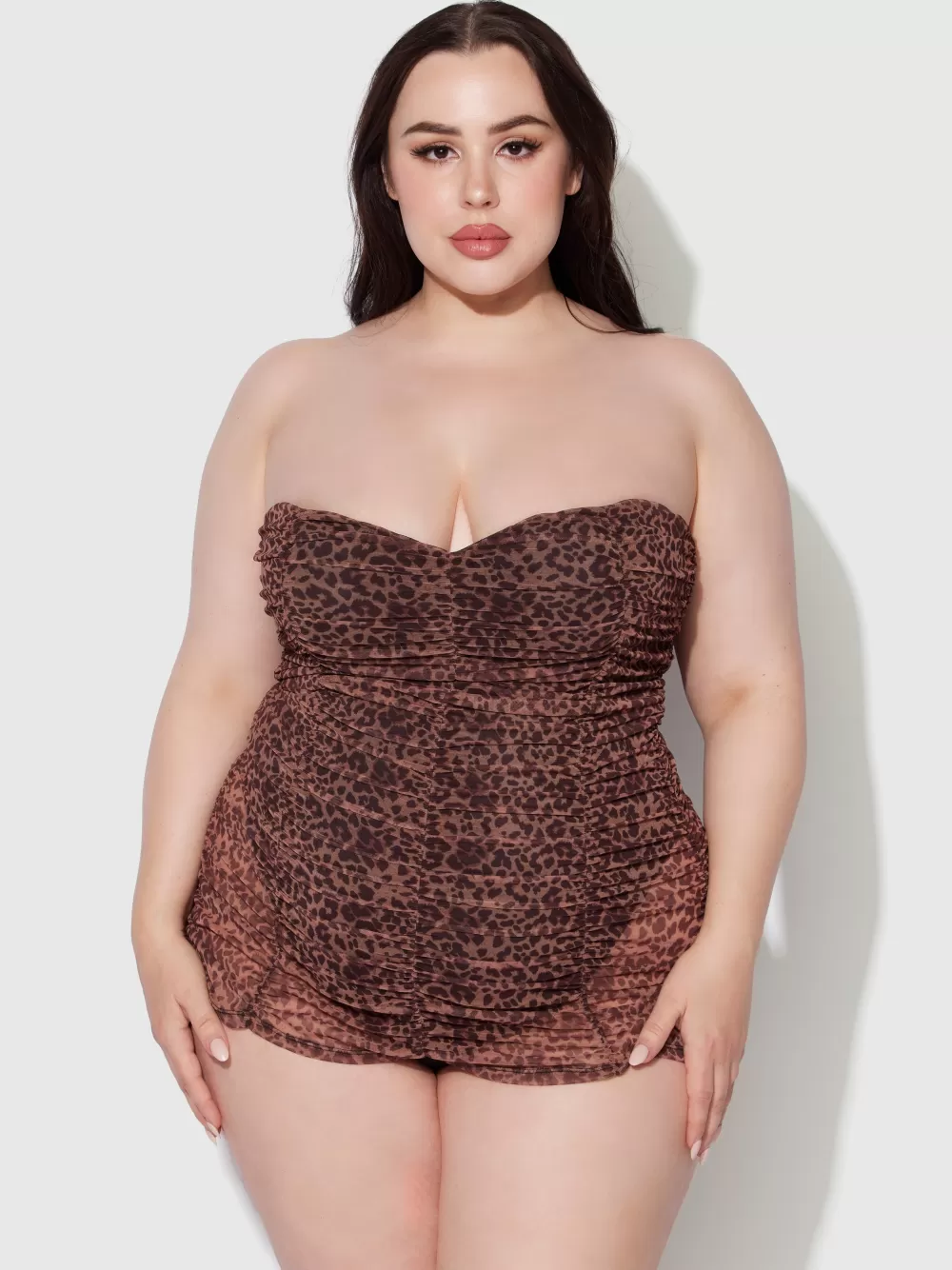 Swim One Pieces-Juicy Couture Frederick's Of Hollywood Alanza Mesh Ruched Strapless Swim One Piece Leopard