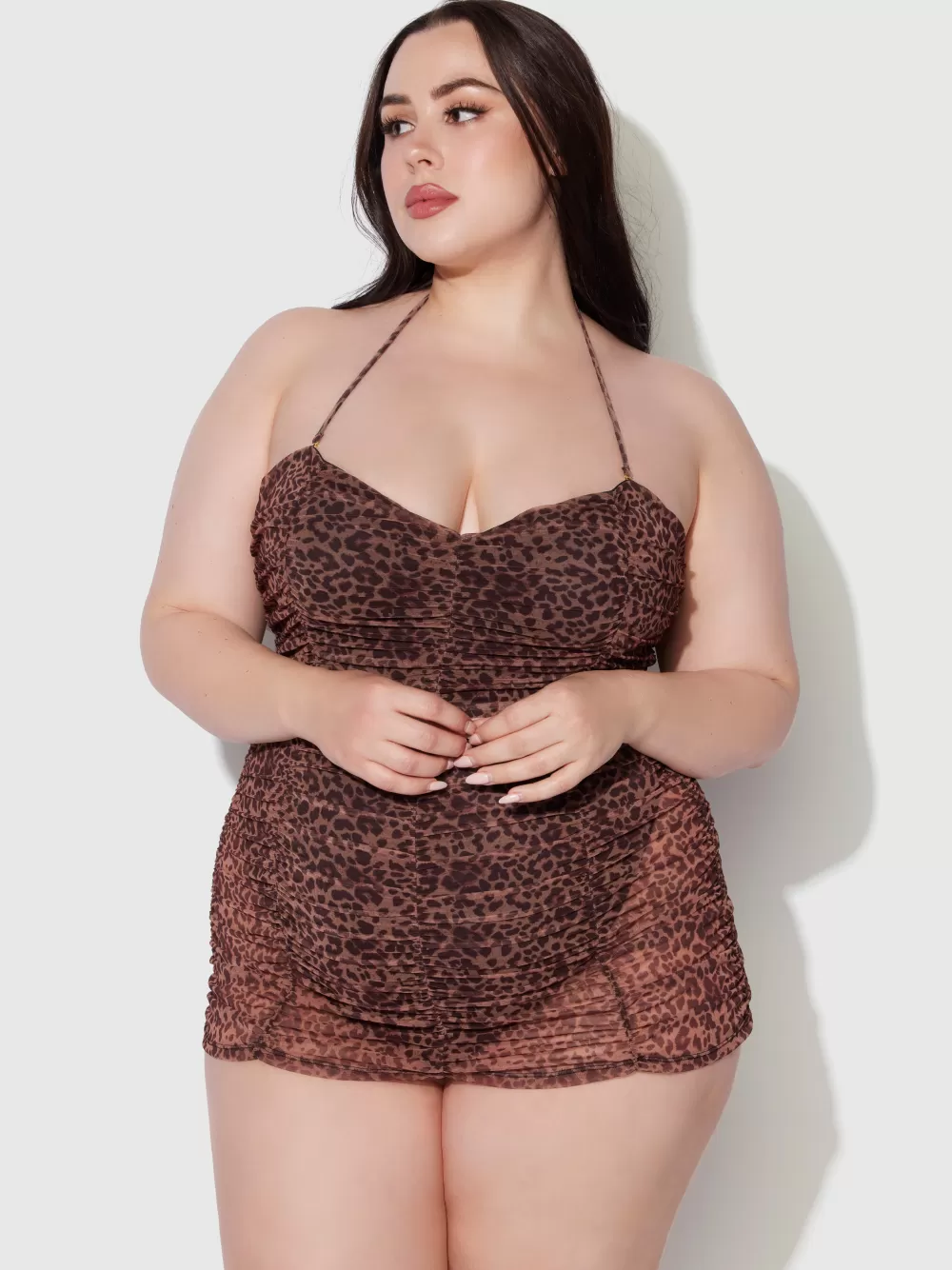 Swim One Pieces-Juicy Couture Frederick's Of Hollywood Alanza Mesh Ruched Strapless Swim One Piece Leopard