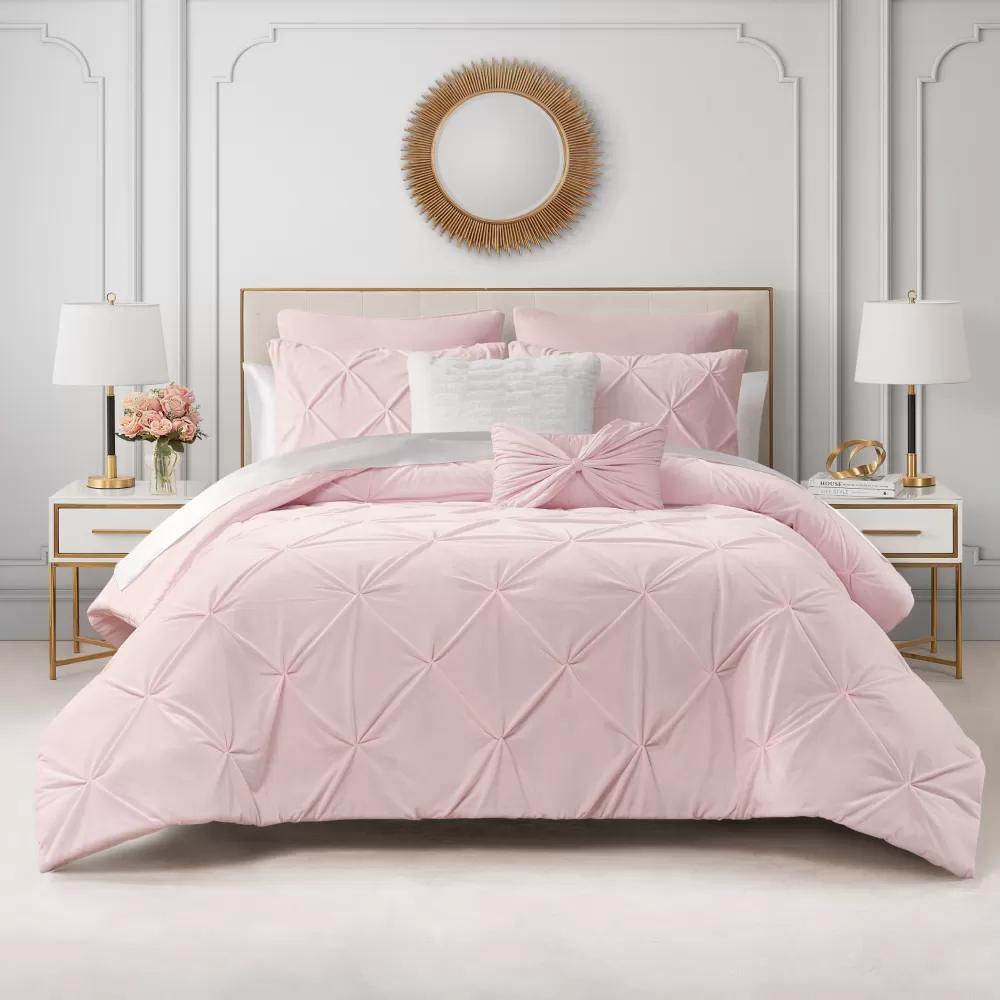Comforter Sets-Juicy Couture Kiss Pleat Micromink Comforter Set With Decorative Pillows PalePink