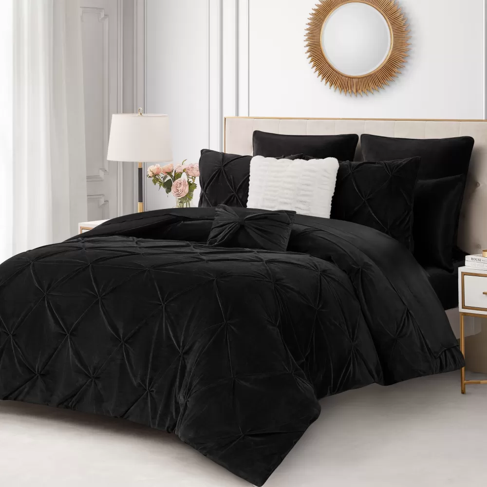 Comforter Sets-Juicy Couture Kiss Pleat Micromink Comforter Set With Decorative Pillows Black