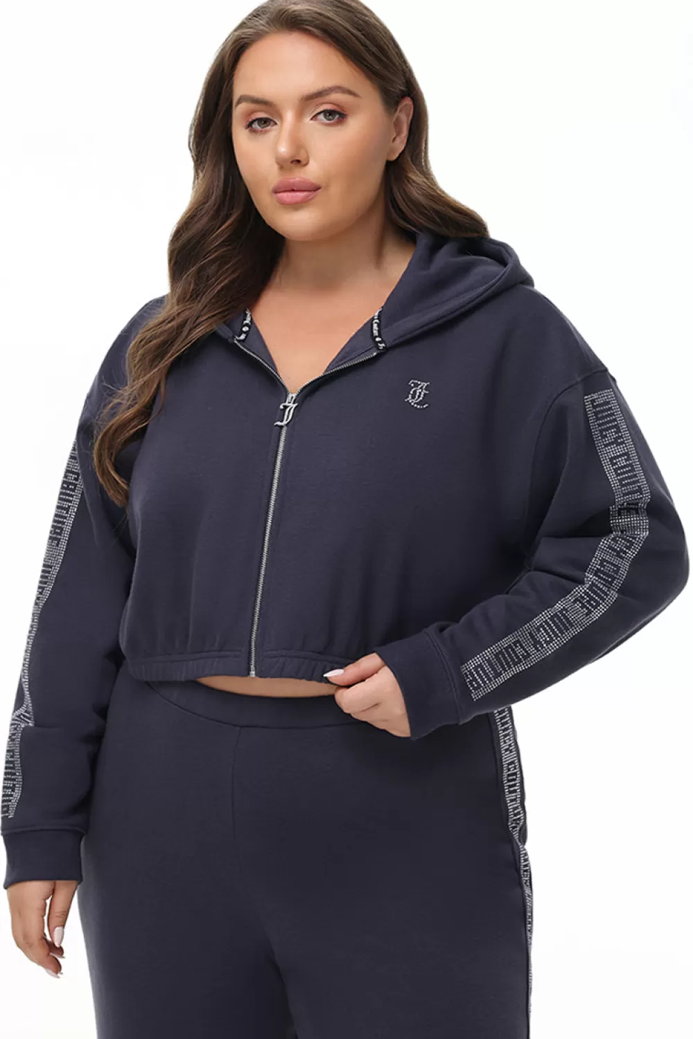 Hoodies & Jackets-Juicy Couture Plus-Size Cropped Fleece Hoodie With Side Bling Titanium
