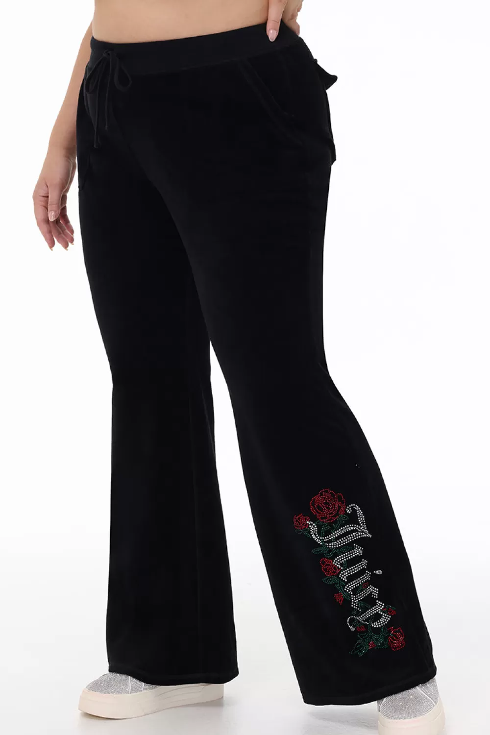 Track Bottoms | Bling Sets-Juicy Couture Plus-Size Juicy Roses Bling Snap Pocket Cotton Velour Pants Liquorice