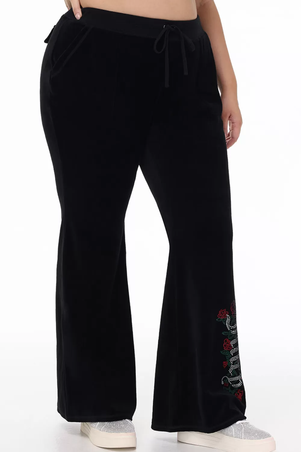 Track Bottoms | Bling Sets-Juicy Couture Plus-Size Juicy Roses Bling Snap Pocket Cotton Velour Pants Liquorice
