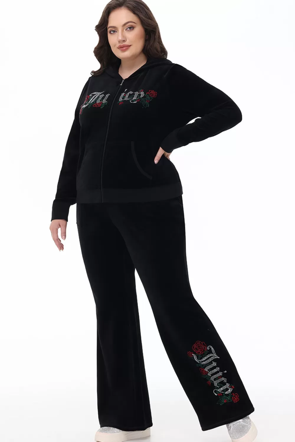 Track Bottoms | Bling Sets-Juicy Couture Plus-Size Juicy Roses Bling Snap Pocket Cotton Velour Pants Liquorice